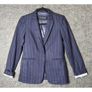 Massimo Dutti Blazer Jacket Womens 4 Blue Pinstripe Wool Blend Italian Fabric